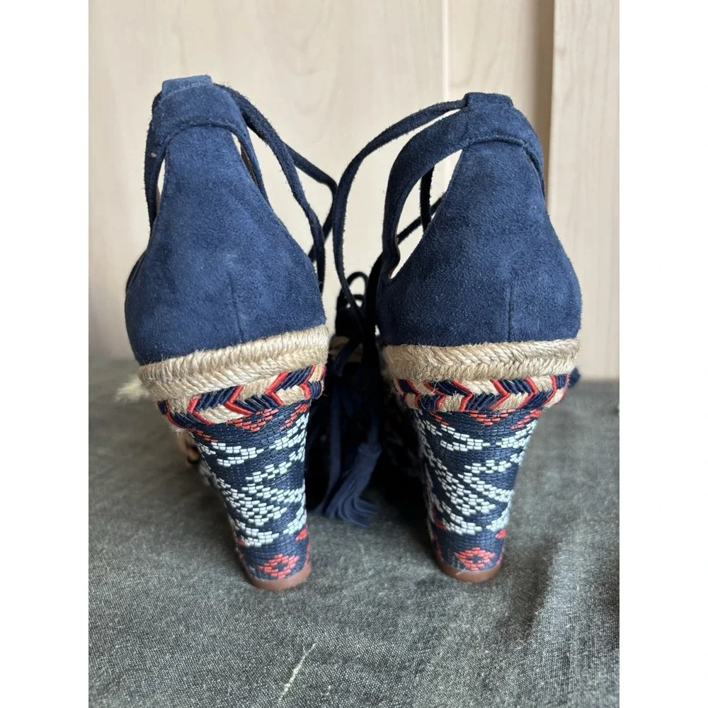 Cabi Isla Blue Suede Aztec Espadrille Wedge Heel Tie Up Womens Sz‎ 7M #6001